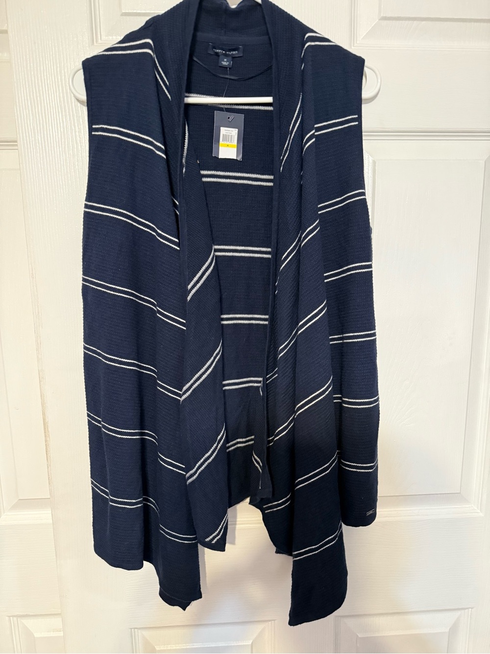 Tommy Hilfiger Navy Blue and White Striped Open Front Cardigan Vest